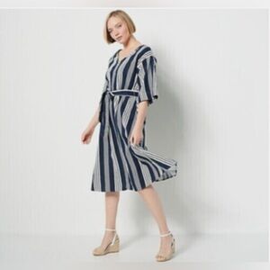 Girl With Curves Linen Blend Navy Striped MIDI Dress NWOT scandi girl nautical